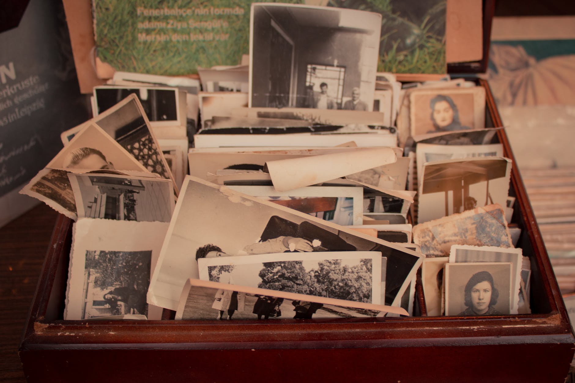 old phots in a brown box